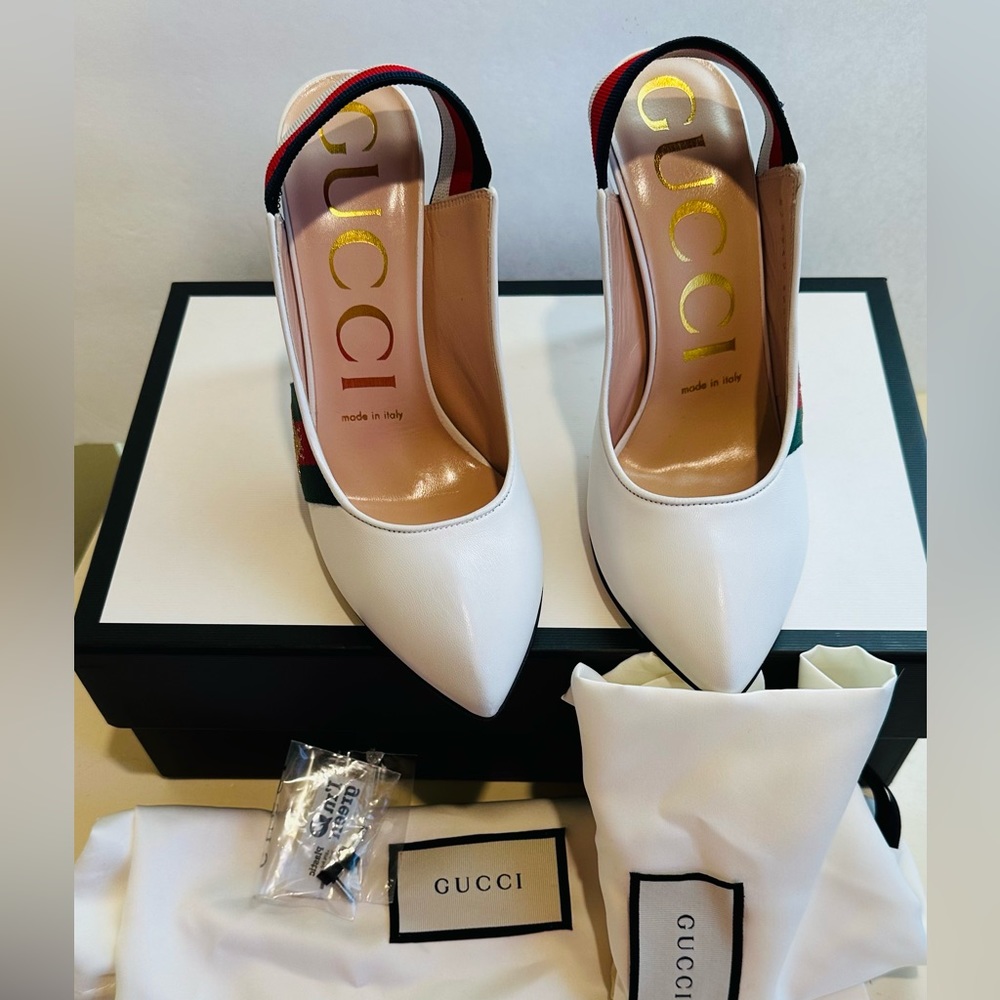 Gucci Sylvie Leather Slingback Pumps with Bee in White 36.5 - Picture 2 of 16